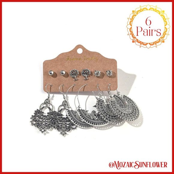6 Pair Boho Exotic Antiqued Silver Hoops and Posts - Picture 1 of 6